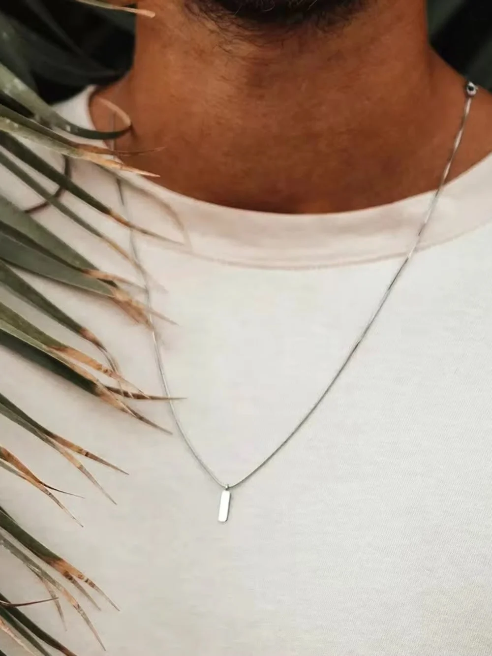 Men's Minimal White Gold Bar Necklace - Sleek Stainless Steel Pendant